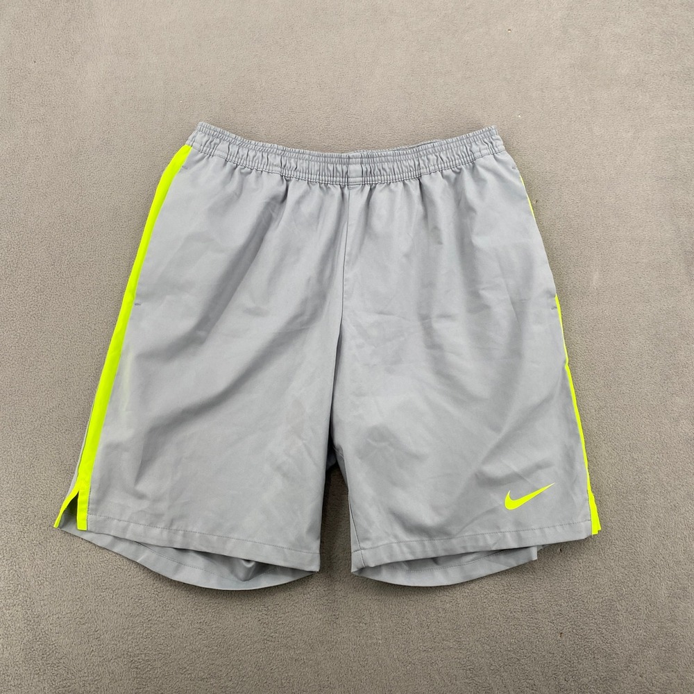 Nike Dri-FIT Mens Gray Neon Yellow Stripe Athletic Training Shorts Large